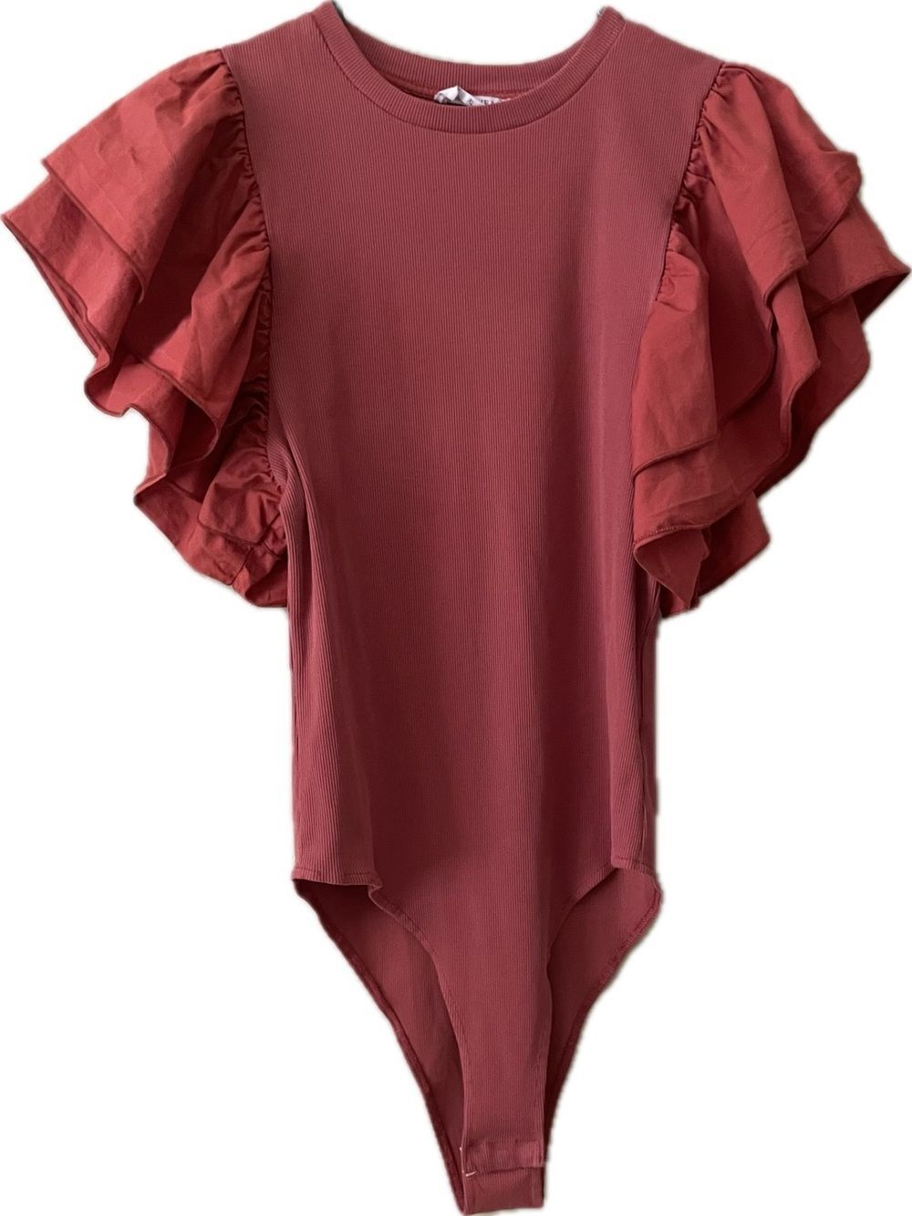 Anniewear Rust wine color Ribbed & Ruffle Sleeve Bodysuit, Size L/XL